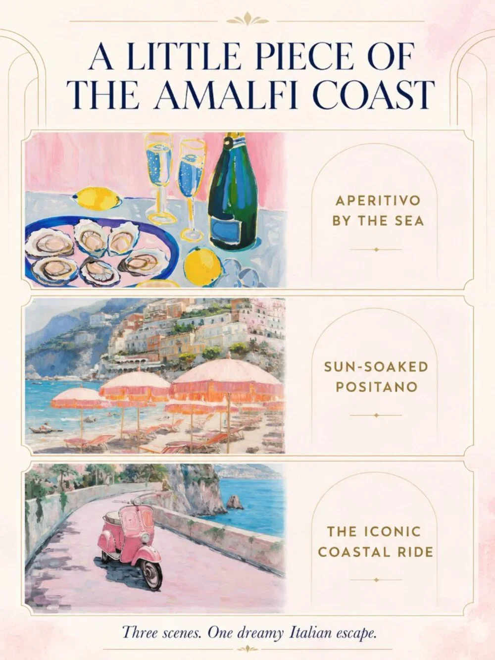 Amalfi Coast Pink Canvas Wall Art Set of 3 16x24 Framed Coastal Decor